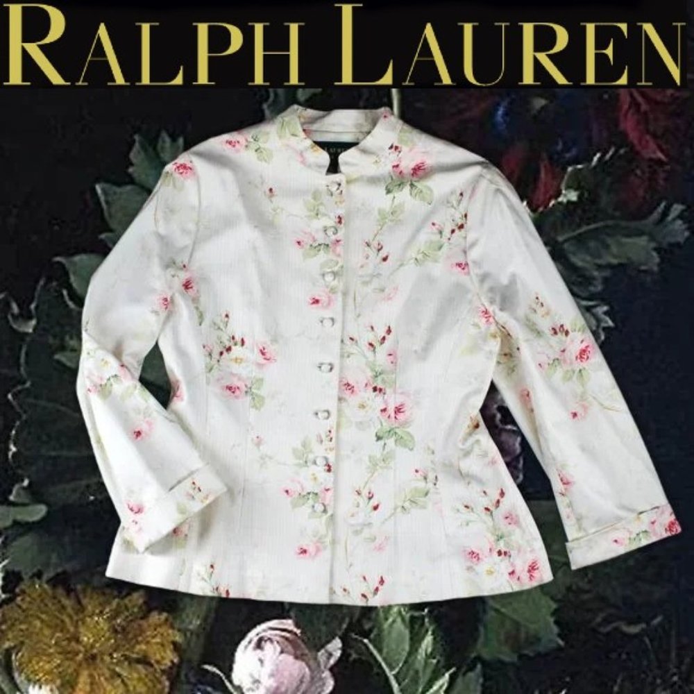 Ralph Lauren Floral Jacket Cabbage Rose Striped High Neck Multi-button - Picture 1 of 12